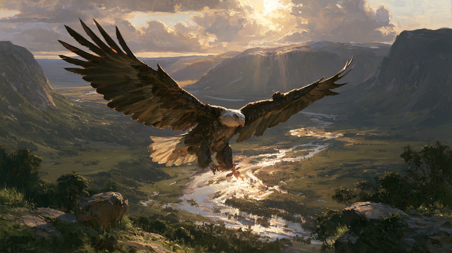 A bald eagle soaring above a mountain valley and winding river at sunrise.