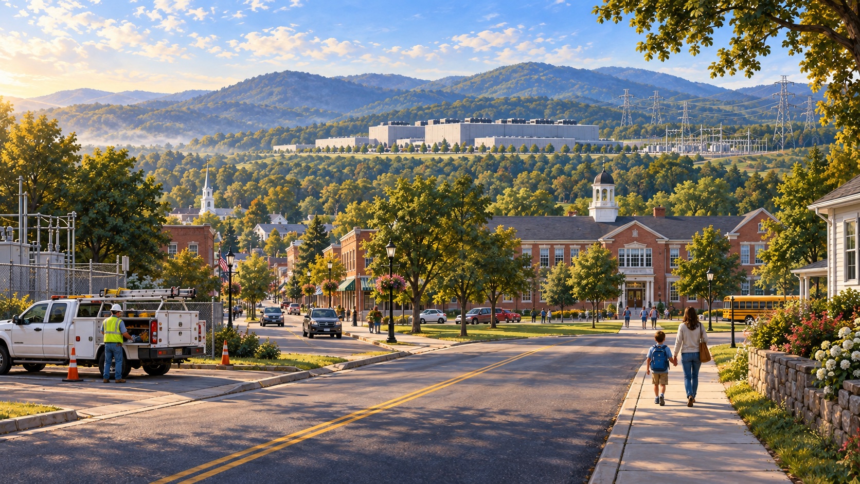 A parent and child walk on a town sidewalk while a utility worker stands beside a truck across the road, with a school and distant data center beyond them.